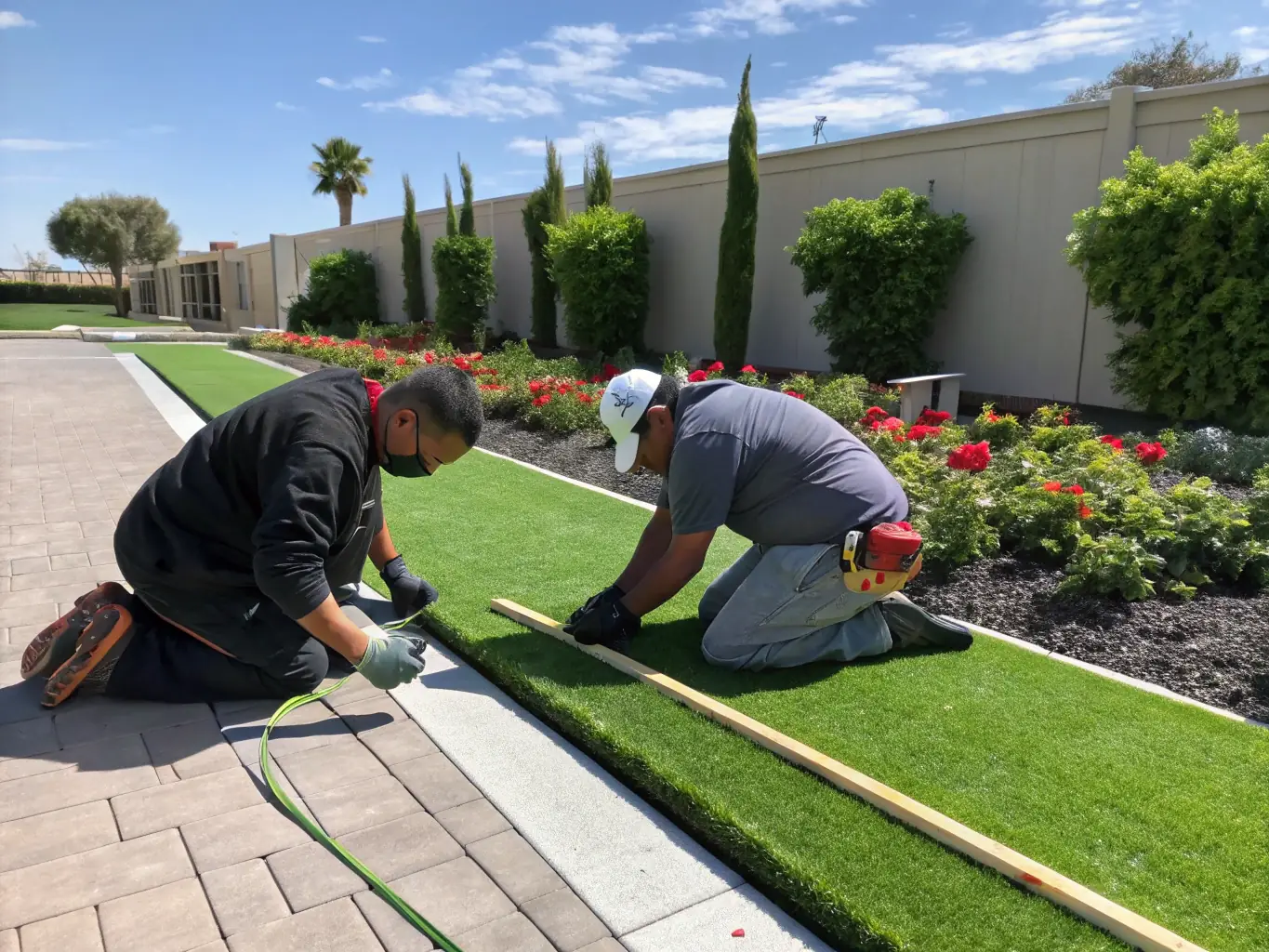 A lush green lawn being installed by All Star Landscapes' team, showcasing their sod installation service. The image should convey freshness and quality.