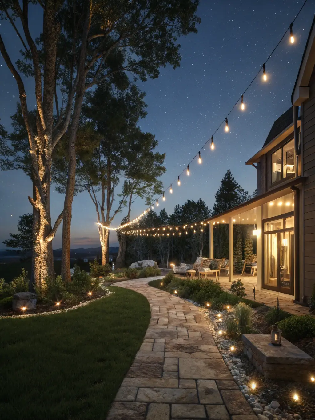 Elegant outdoor lighting illuminating a garden pathway and patio area, highlighting landscape lighting services by All Star Landscapes.