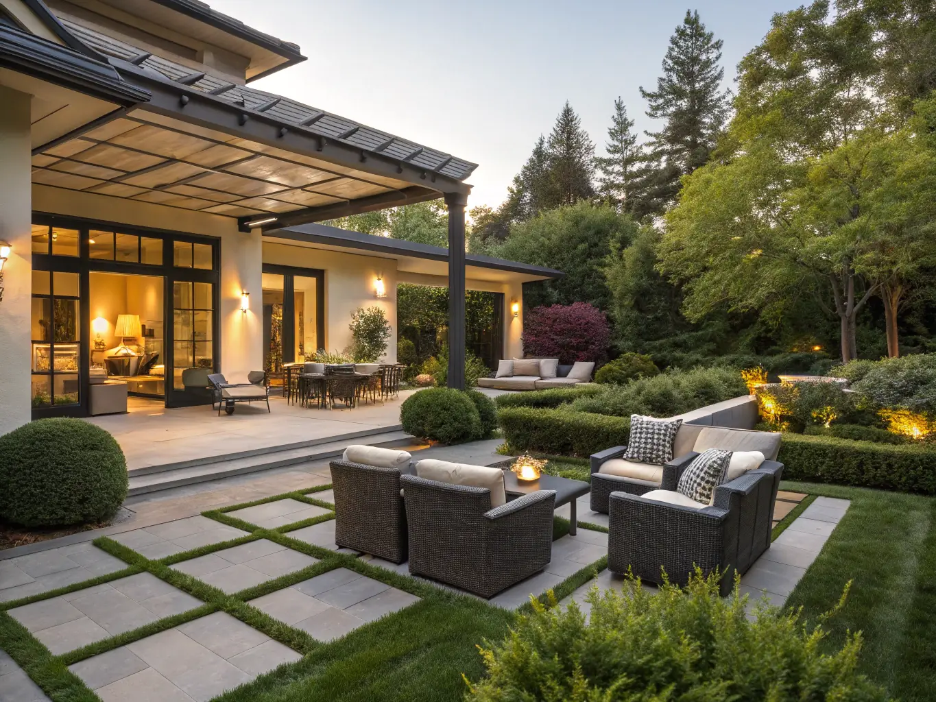 A beautifully designed and constructed outdoor living space by All Star Landscapes, featuring a custom patio, pergola, and landscape lighting.