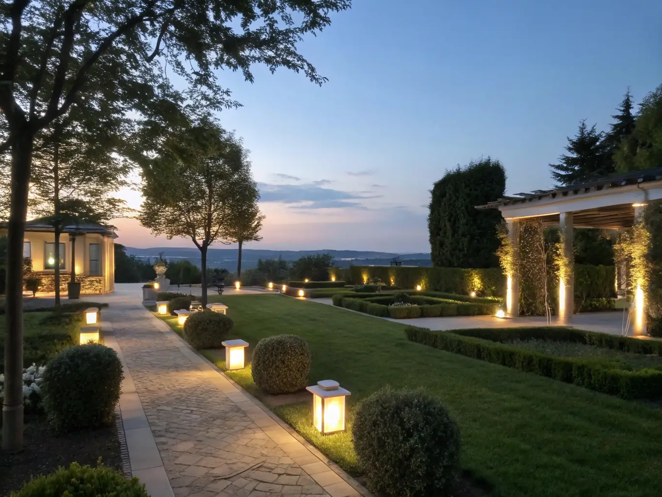 An elegant outdoor lighting system illuminating a garden at night, highlighting the landscape's features. The image should convey sophistication and enhanced security.