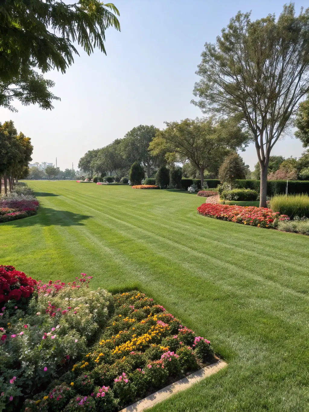 A well-manicured lawn with vibrant green grass and neatly trimmed hedges, showcasing full-service landscaping by All Star Landscapes.