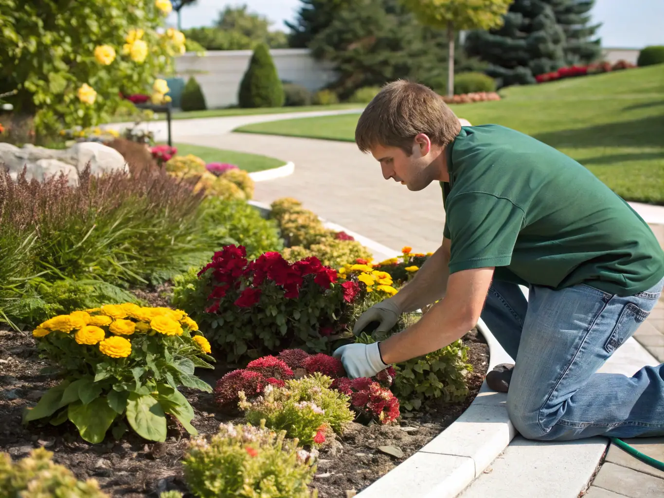 A professional landscaper from All Star Landscapes consulting with a homeowner in their garden, discussing landscape design options and plant selections.