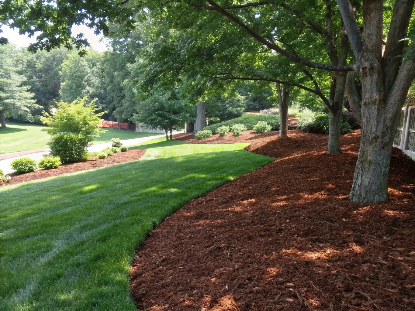 A high-quality image showcasing various types of mulch, such as hardwood, pine bark, and cedar, arranged in separate piles to highlight their different textures and colors. The image should be well-lit and taken from a slightly elevated angle to capture the full range of mulch options.