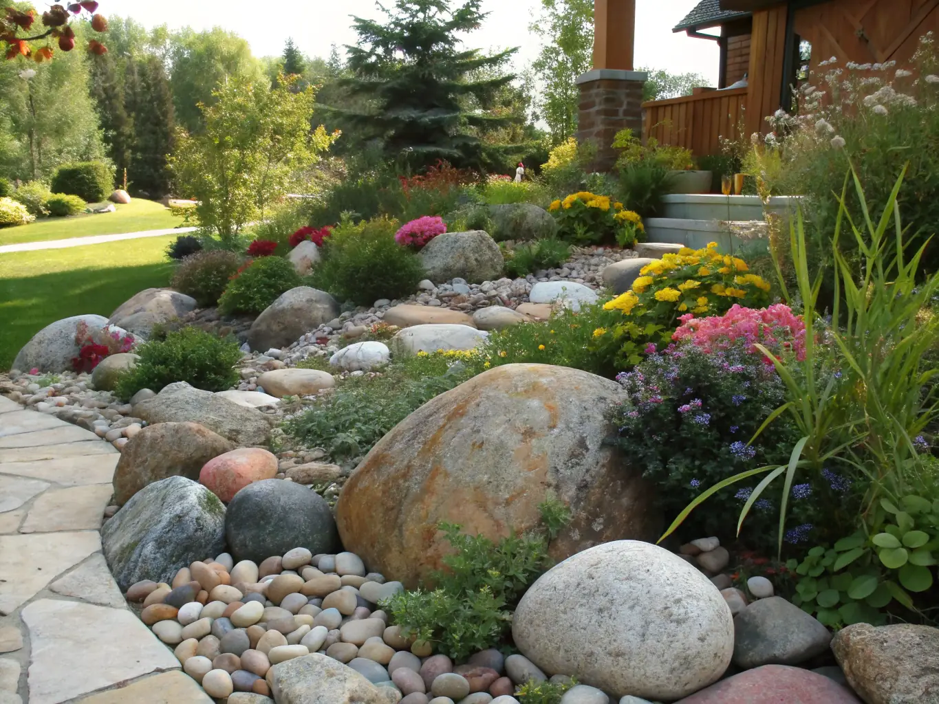 A visually appealing image displaying an assortment of landscape rocks, including river rock, crushed stone, and decorative boulders, arranged in a garden setting to demonstrate their aesthetic appeal and practical uses.